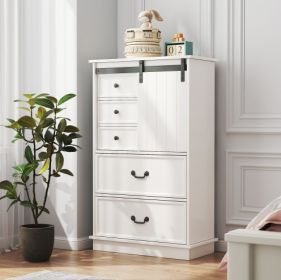 51'' Farmhouse Drawer Chest With Sliding Door, Multi-Storage Drawer Dresser With 5 Drawers And Storage Shelf, Tall Chest Of Drawers With Adjustable Sh