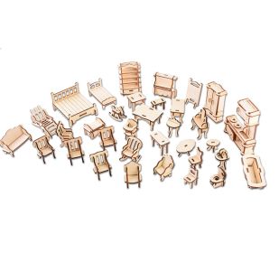 34Pcs 3D Wooden Puzzle Miniature Furniture DIY Assembly Jigsaw Puzzle Kit for Sand Table Home Decor