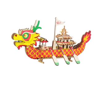 Chinese Dragon Boat Wooden 3D Model Puzzle Kids DIY Assembly Building Blocks