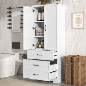 Tall Bathroom Storage Cabinet,Cabinet with Two Doors and Drawers,Adjustable Shelf,MDF Board,White