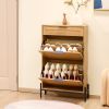 VEVOR Rattan Shoe Cabinet, Narrow Shoe Storage Organizer with 2 Flip Rattan Drawers & 1 Slide Drawer, Metal Legs