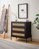 Rattan Storage Cabinet with 3 Large Drawers, Boho Mid-Century Wooden Nightstand Drawer Dresser