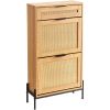 VEVOR Rattan Shoe Cabinet, Narrow Shoe Storage Organizer with 2 Flip Rattan Drawers & 1 Slide Drawer, Metal Legs