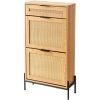 VEVOR Rattan Shoe Cabinet, Narrow Shoe Storage Organizer with 2 Flip Rattan Drawers & 1 Slide Drawer, Metal Legs