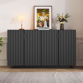 4 Wavy Doors Ample Storage Space Sideboard with Adjustable Shelves and Retro Copper Handles for Dining Room and Living Room (Color: Black, Material: MDF)