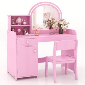 Kids Vanity Table and Chair Set with Shelves Drawer and Cabinet (Color: Pink)