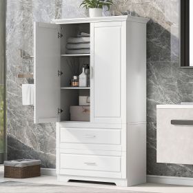 Tall Bathroom Storage Cabinet, Cabinet with Two Doors and Drawers, Adjustable Shelf, MDF Board (Color: White, Material: MDF)