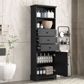 White Tall Storage Cabinet with 3 Drawers and Adjustable Shelves for Bathroom, Study, Office and Interior, MDF Board with Painted Finish (Color: Black)