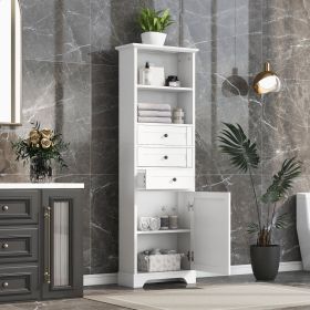 White Tall Storage Cabinet with 3 Drawers and Adjustable Shelves for Bathroom, Study, Office and Interior, MDF Board with Painted Finish (Color: White)