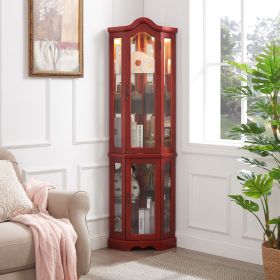 Curio Cabinet Lighted Glass Display Curio Cabinet w/Tempered Glass Doors and Shelves, Crown Corner Cabinet with Bulb (Color: Cherry, Material: MDF)