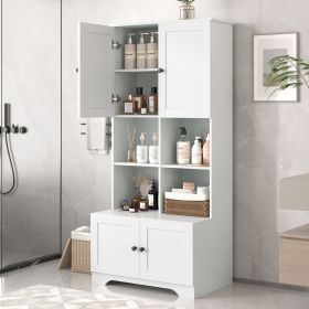 Tall and Wide Bathroom Floor Storage Cabinet, Bathroom Storage Unit, Freestanding Cabinet with 4 Doors, Adjustable Shelves, Open multi-layer Shelves (Color: White, Material: MDF)