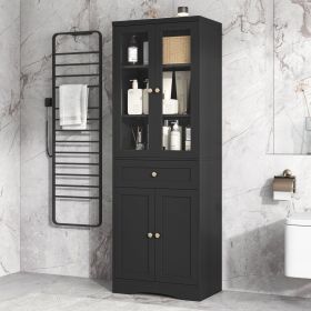 Tall Bathroom Storage Cabinet, Cabinet with Four Doors and Drawers, Adjustable Shelf, MDF Board (Color: Black, Material: MDF)